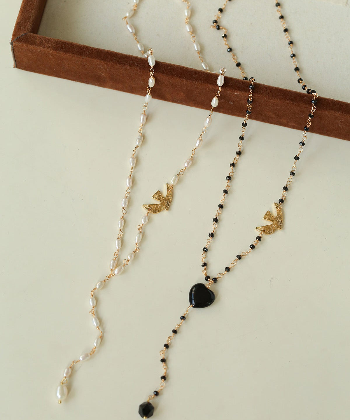 French Romantic Peace Dove Y Necklace – Pearls & Black Onyx - floysun