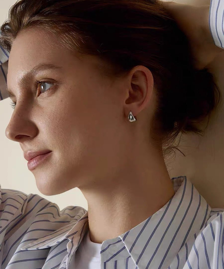 French Sculptural Triangular Huggie Earrings - Sleek 925 Sterling Silver Wide Hoop - floysun