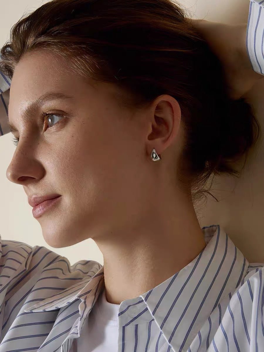 French Sculptural Triangular Huggie Earrings - Sleek 925 Sterling Silver Wide Hoop - floysun