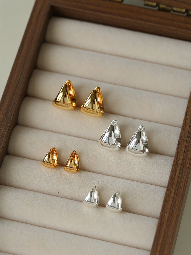 French Sculptural Triangular Huggie Earrings - Sleek 925 Sterling Silver Wide Hoop - floysun