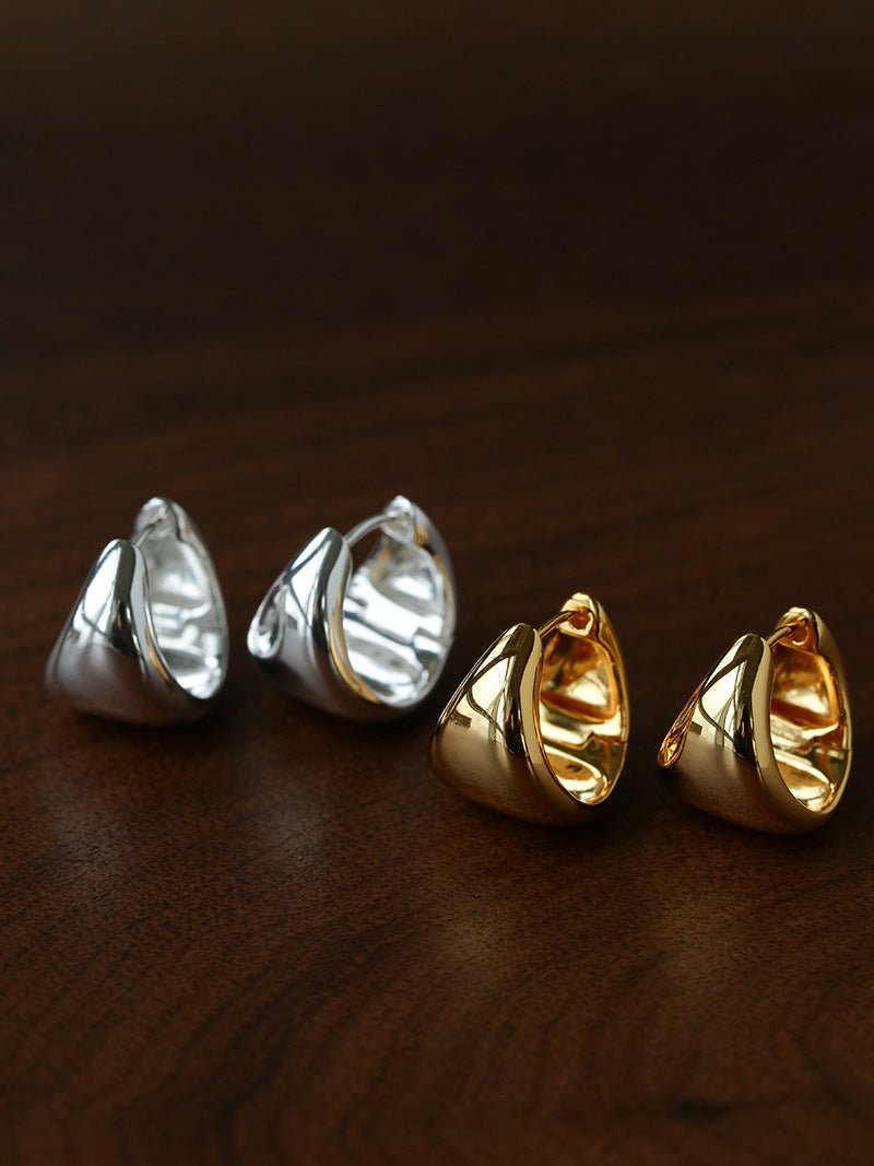 French Sculptural Triangular Huggie Earrings - Sleek 925 Sterling Silver Wide Hoop - floysun