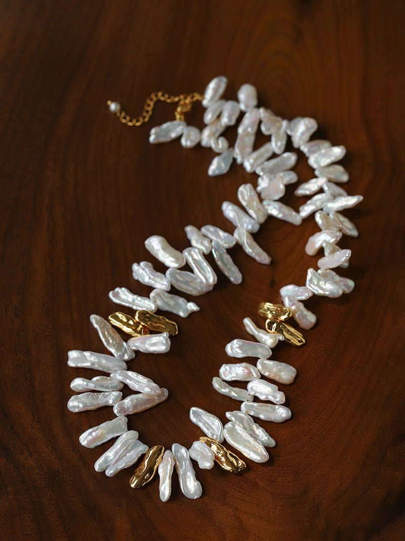 French Statement Petal Baroque Pearl Necklace - Chunky Biwa Stick Pearl Choker - floysun