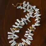 French Statement Petal Baroque Pearl Necklace - Chunky Biwa Stick Pearl Choker - floysun