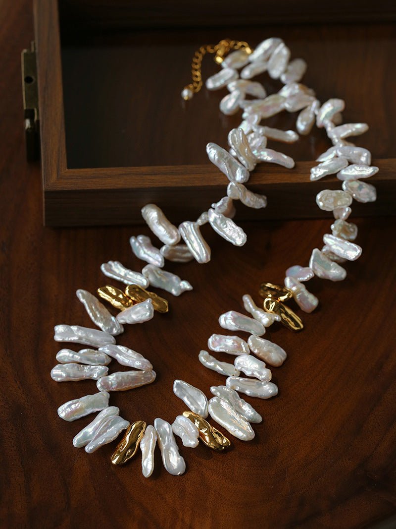 French Statement Petal Baroque Pearl Necklace - Chunky Biwa Stick Pearl Choker - floysun