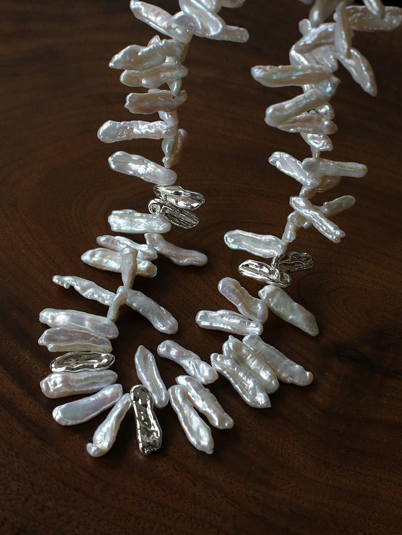 French Statement Petal Baroque Pearl Necklace - Chunky Biwa Stick Pearl Choker - floysun