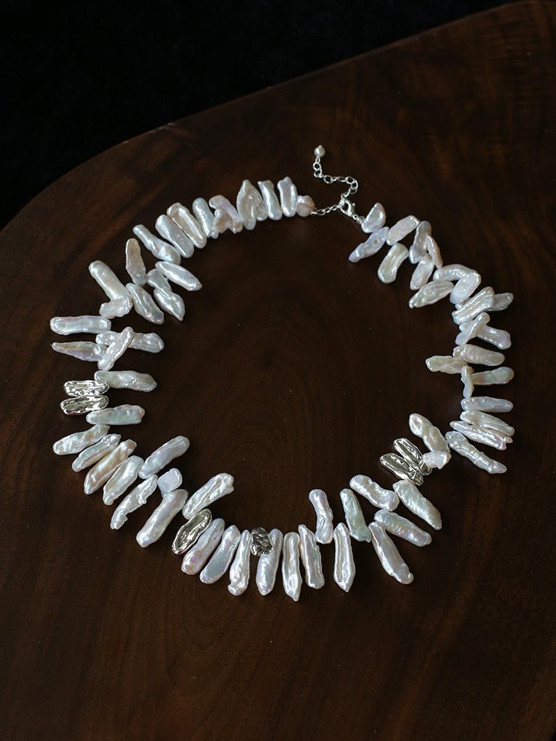 French Statement Petal Baroque Pearl Necklace - Chunky Biwa Stick Pearl Choker - floysun