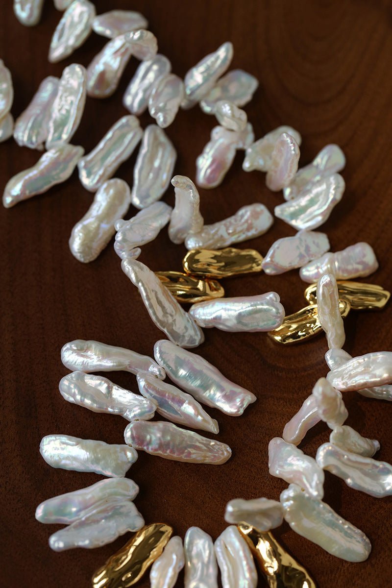 French Statement Petal Baroque Pearl Necklace - Chunky Biwa Stick Pearl Choker - floysun