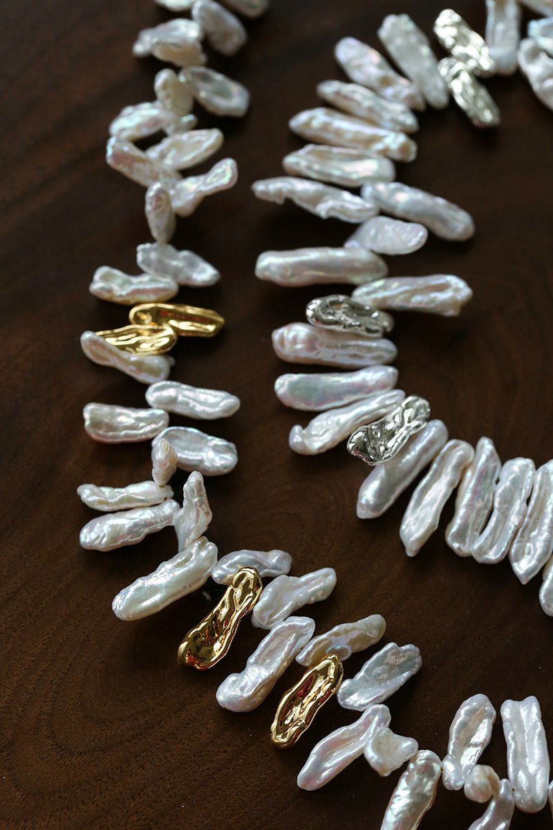 French Statement Petal Baroque Pearl Necklace - Chunky Biwa Stick Pearl Choker - floysun