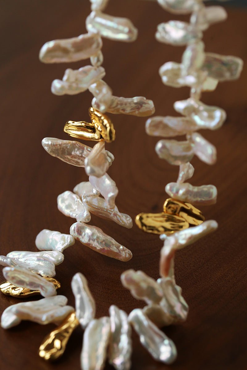 French Statement Petal Baroque Pearl Necklace - Chunky Biwa Stick Pearl Choker - floysun