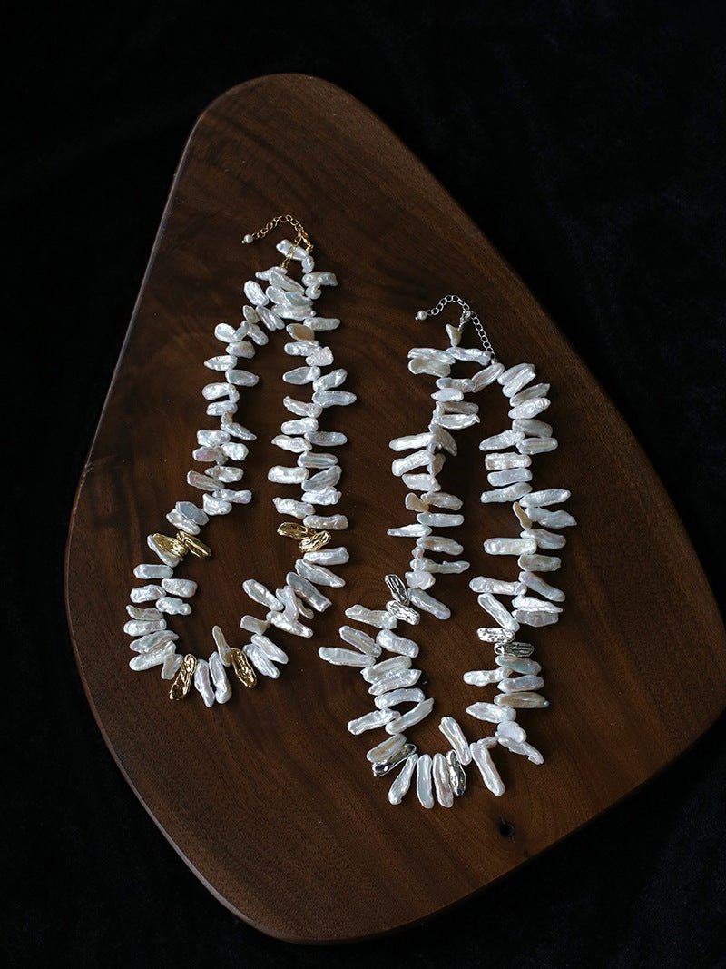 French Statement Petal Baroque Pearl Necklace - Chunky Biwa Stick Pearl Choker - floysun