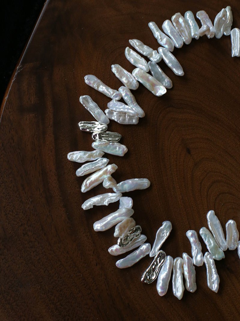 French Statement Petal Baroque Pearl Necklace - Chunky Biwa Stick Pearl Choker - floysun
