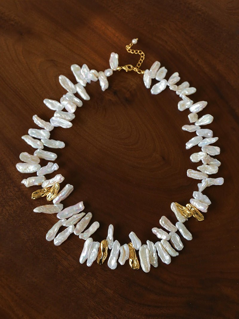 French Statement Petal Baroque Pearl Necklace - Chunky Biwa Stick Pearl Choker - floysun