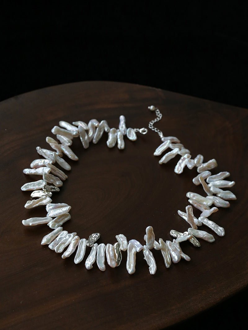French Statement Petal Baroque Pearl Necklace - Chunky Biwa Stick Pearl Choker - floysun
