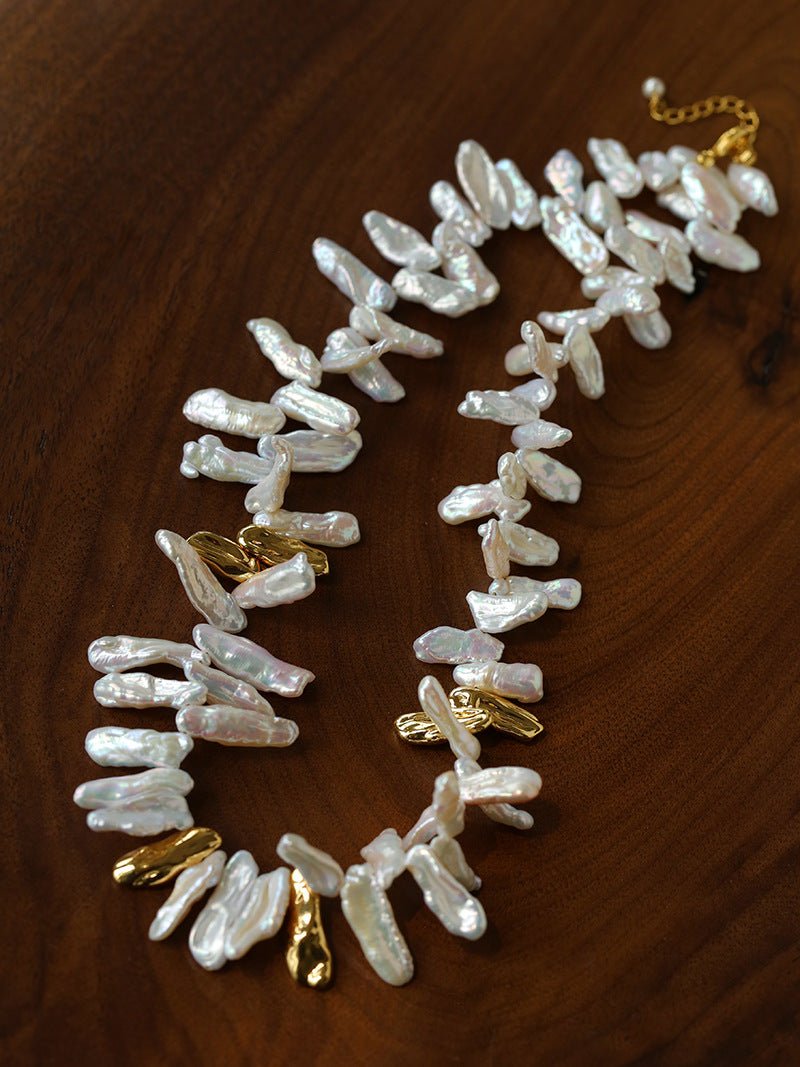 French Statement Petal Baroque Pearl Necklace - Chunky Biwa Stick Pearl Choker - floysun