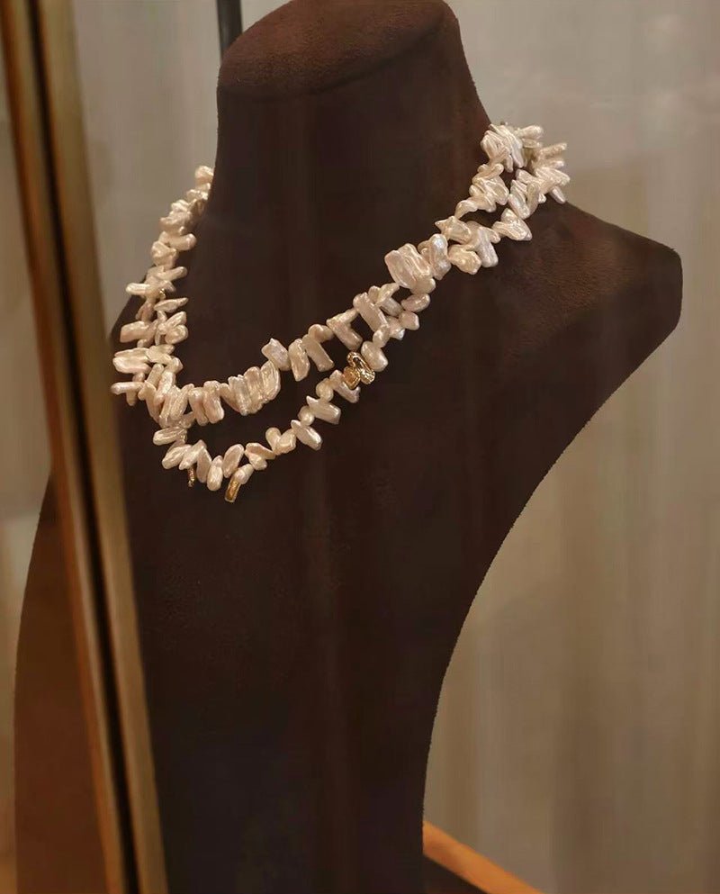 French Statement Petal Baroque Pearl Necklace - Chunky Biwa Stick Pearl Choker - floysun