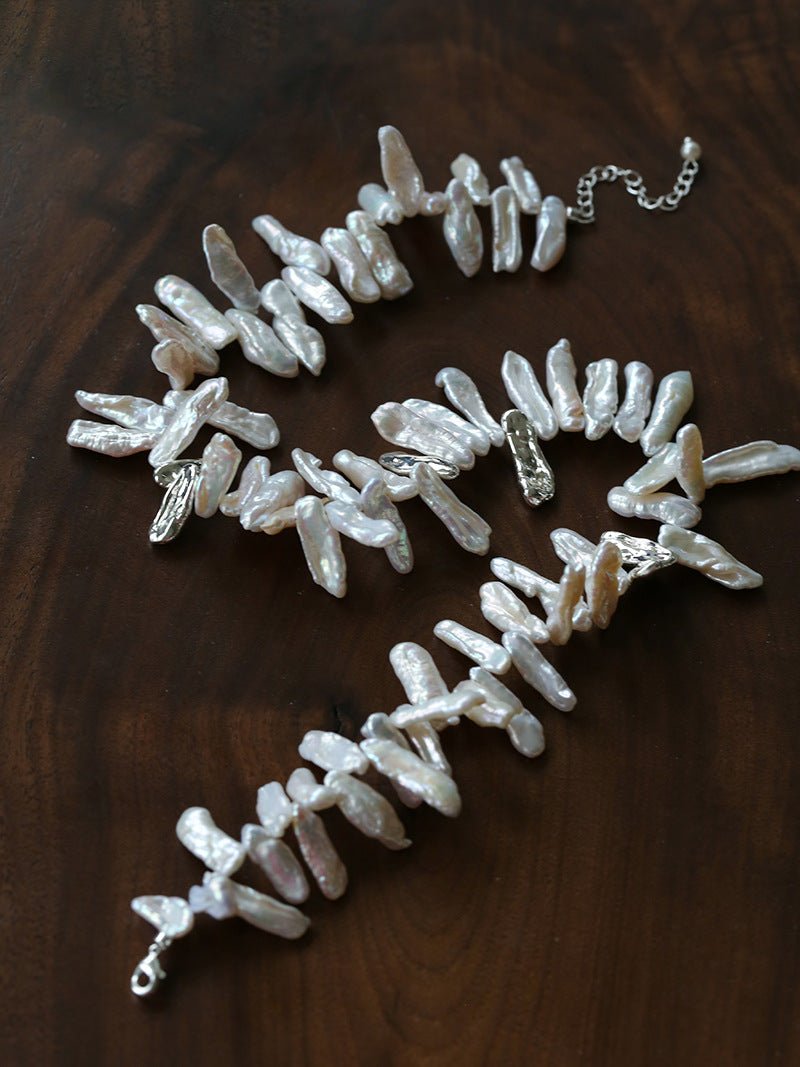 French Statement Petal Baroque Pearl Necklace - Chunky Biwa Stick Pearl Choker - floysun