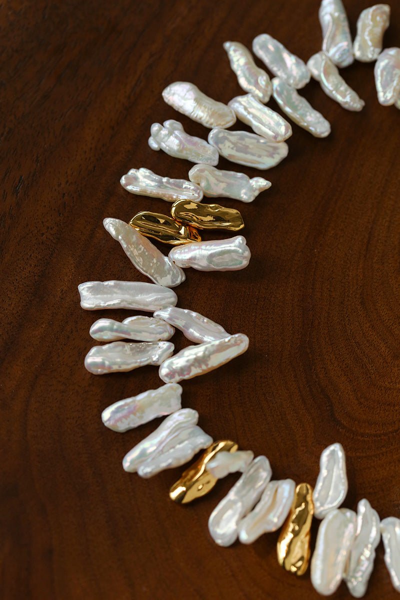 French Statement Petal Baroque Pearl Necklace - Chunky Biwa Stick Pearl Choker - floysun