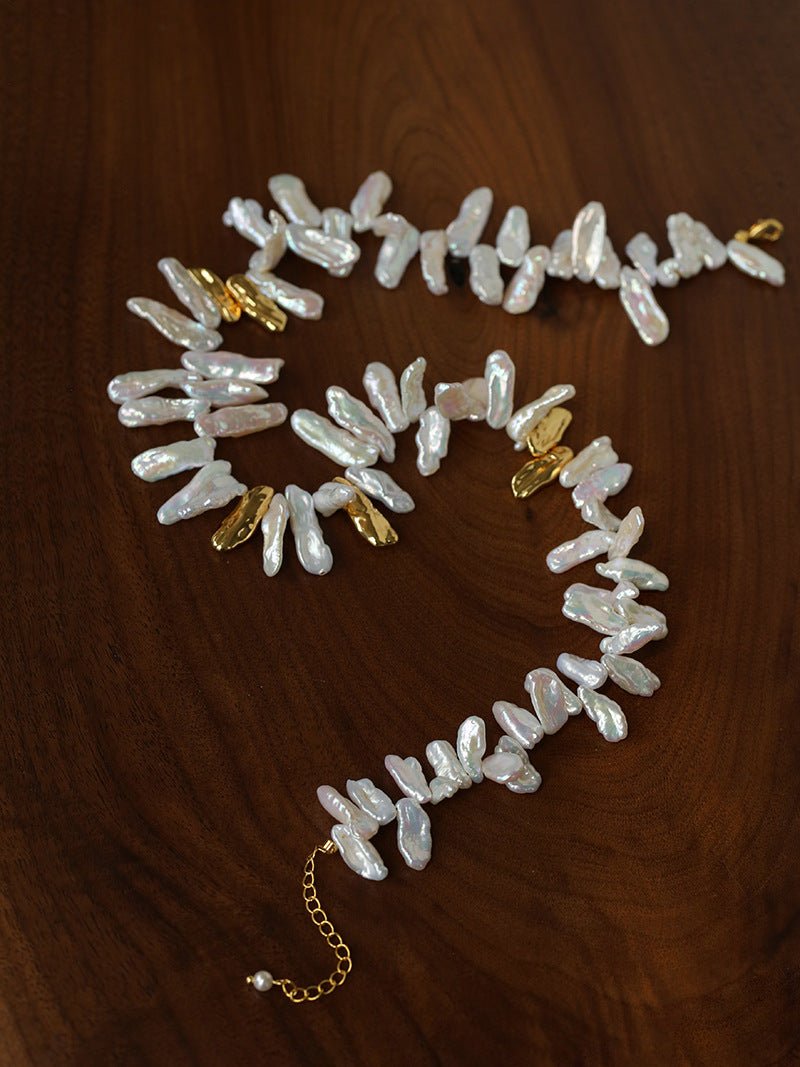 French Statement Petal Baroque Pearl Necklace - Chunky Biwa Stick Pearl Choker - floysun