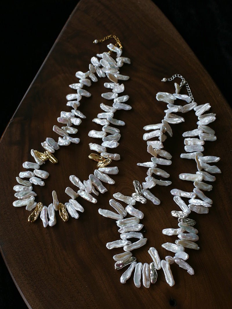 French Statement Petal Baroque Pearl Necklace - Chunky Biwa Stick Pearl Choker - floysun