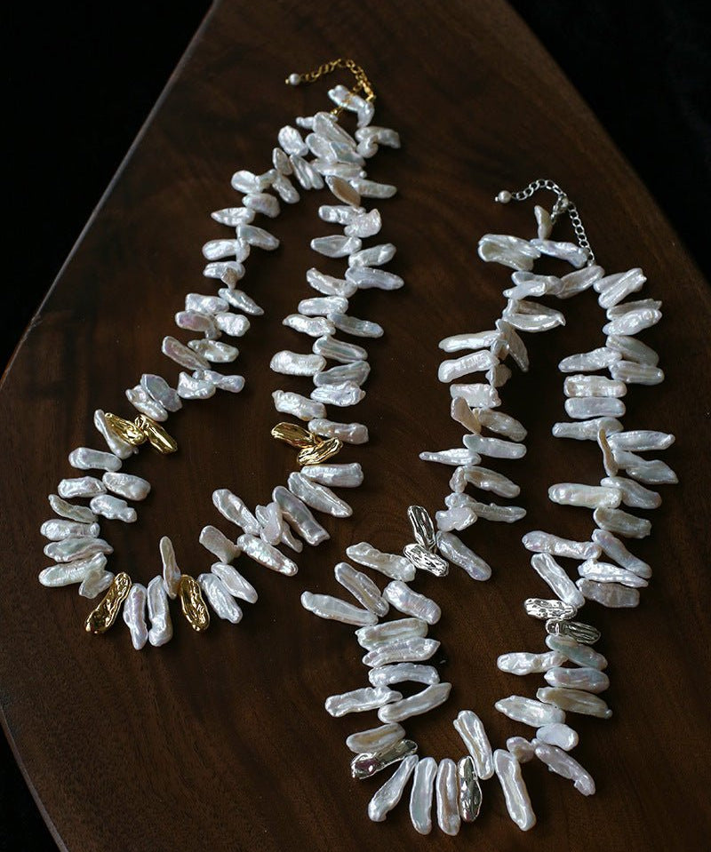 French Statement Petal Baroque Pearl Necklace - Chunky Biwa Stick Pearl Choker - floysun