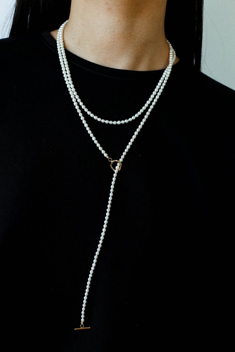 French Style Long Freshwater Pearl OT Clasp Lariat Necklace - floysun