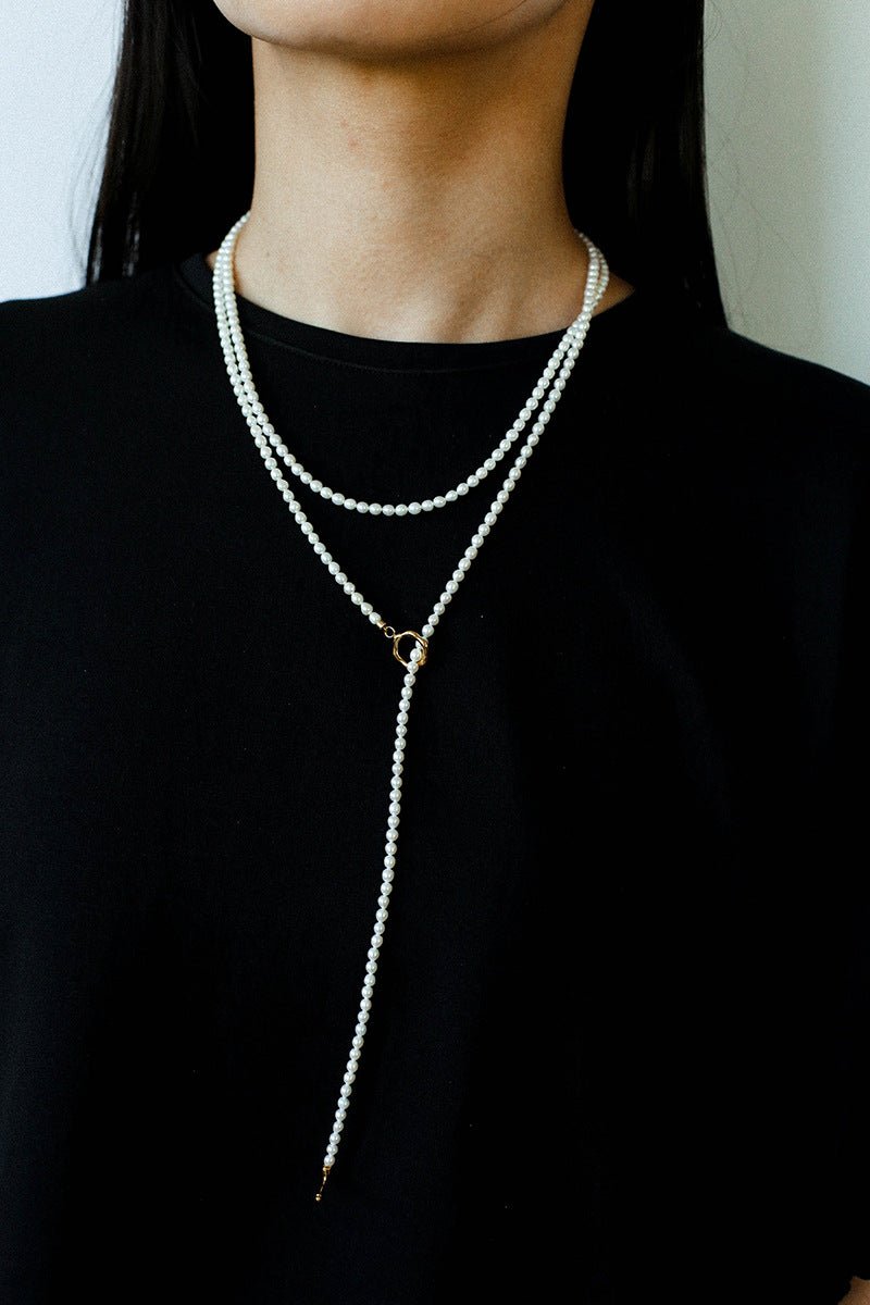 French Style Long Freshwater Pearl OT Clasp Lariat Necklace - floysun