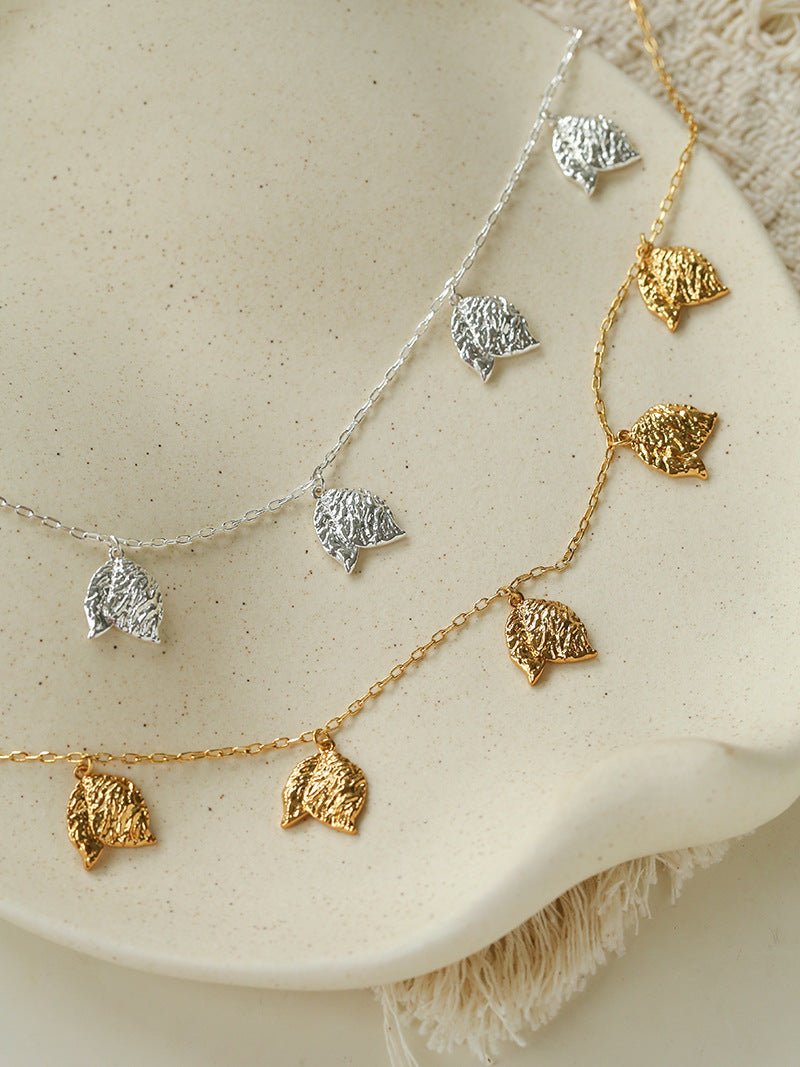 French Textured Tulip Station Choker - Liquid Metal Hammered Floral Layering Necklace - floysun