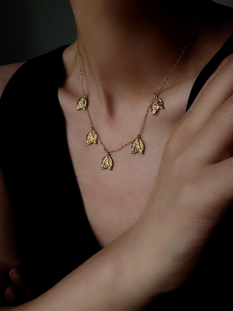 French Textured Tulip Station Choker - Liquid Metal Hammered Floral Layering Necklace - floysun