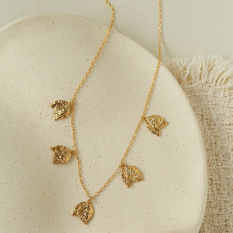 French Textured Tulip Station Choker - Liquid Metal Hammered Floral Layering Necklace - floysun