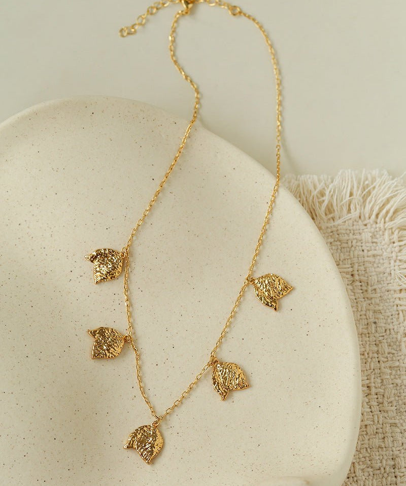 French Textured Tulip Station Choker - Liquid Metal Hammered Floral Layering Necklace - floysun