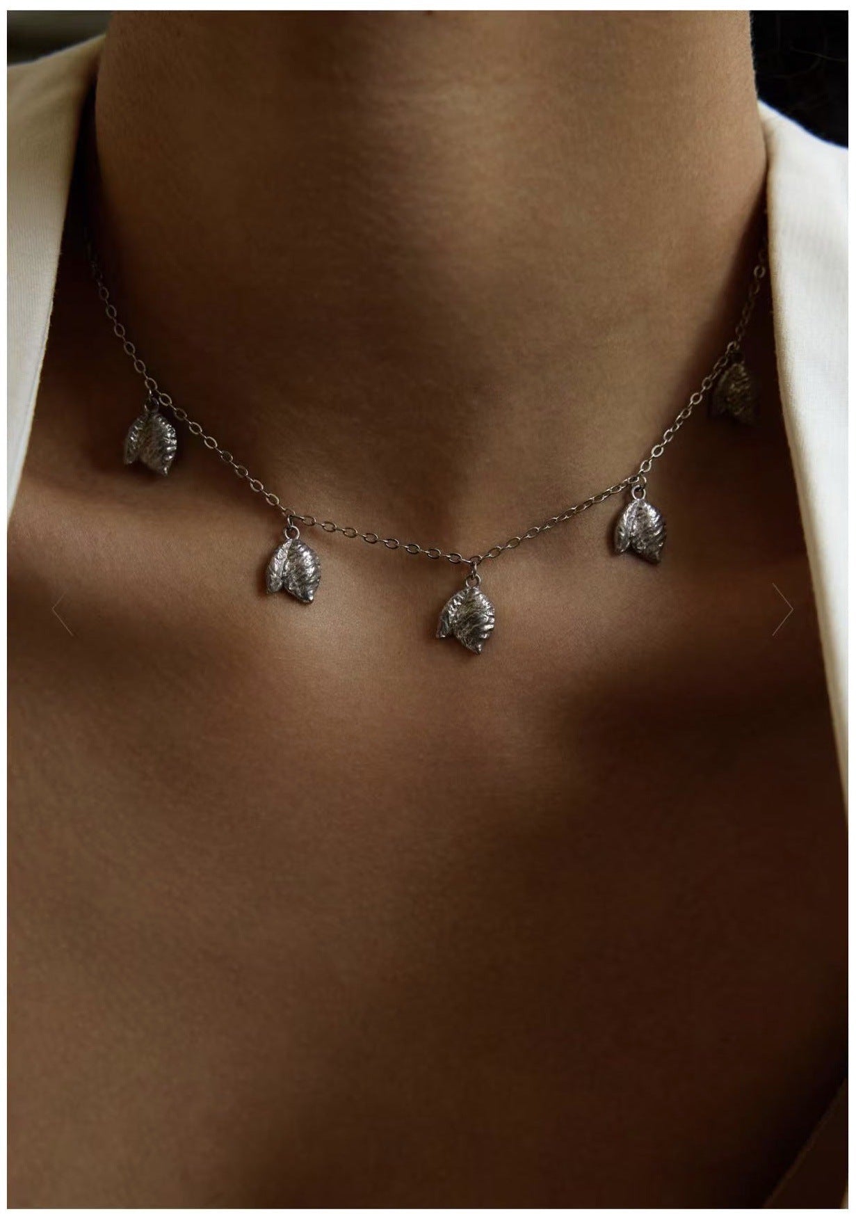 French Textured Tulip Station Choker - Liquid Metal Hammered Floral Layering Necklace - floysun