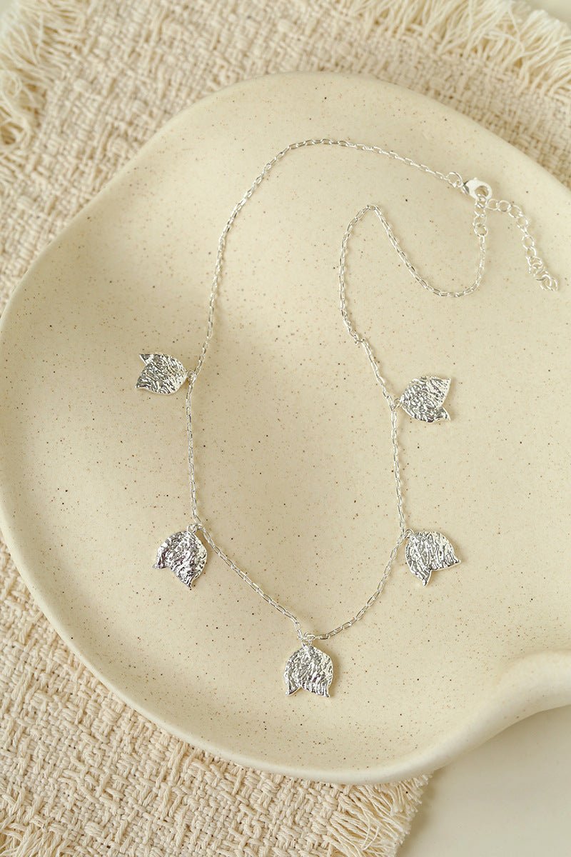 French Textured Tulip Station Choker - Liquid Metal Hammered Floral Layering Necklace - floysun