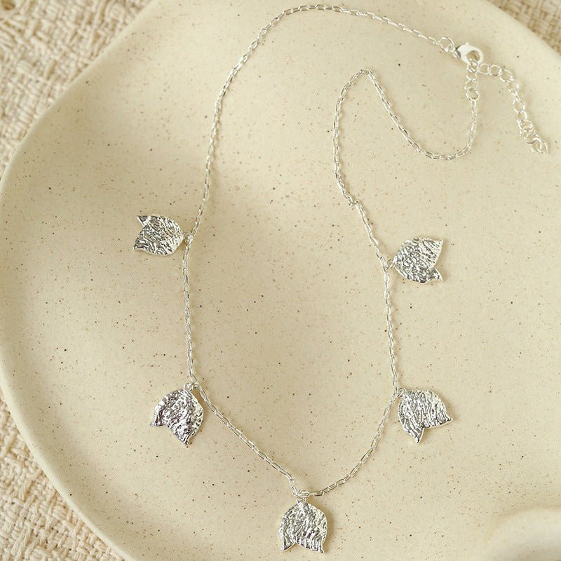 French Textured Tulip Station Choker - Liquid Metal Hammered Floral Layering Necklace - floysun