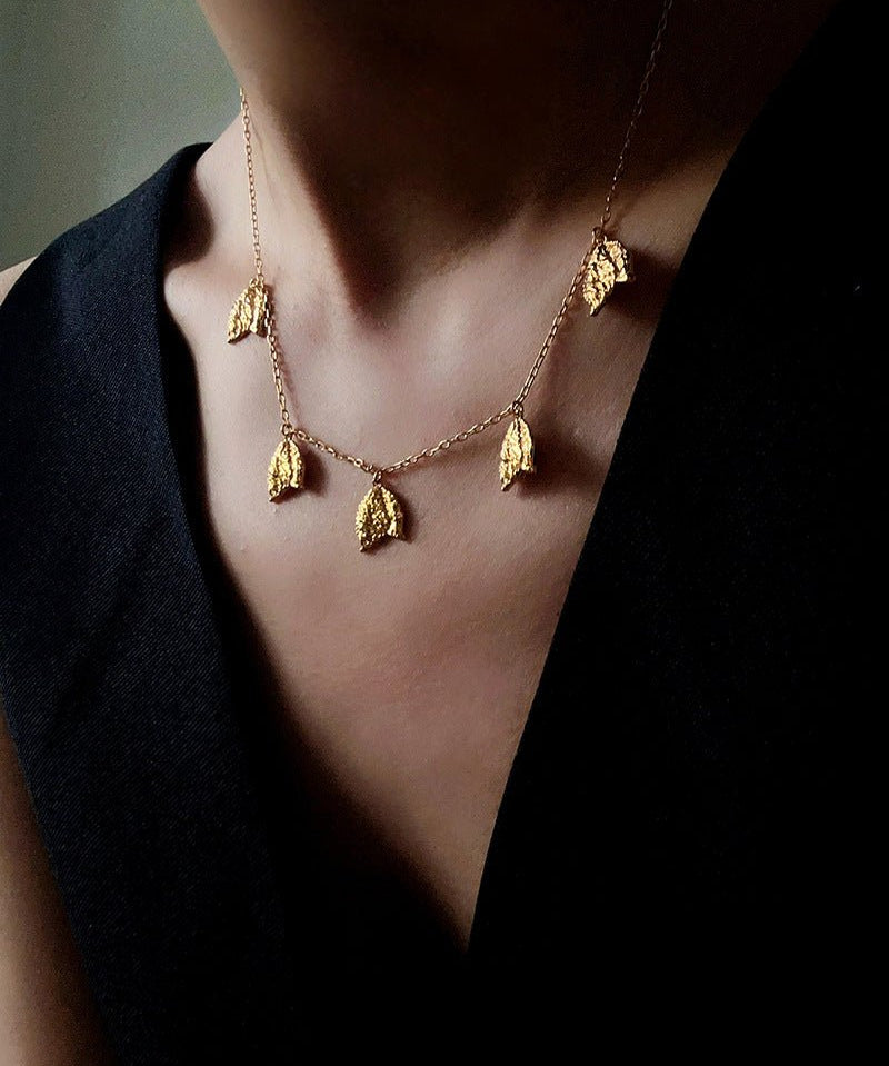French Textured Tulip Station Choker - Liquid Metal Hammered Floral Layering Necklace - floysun