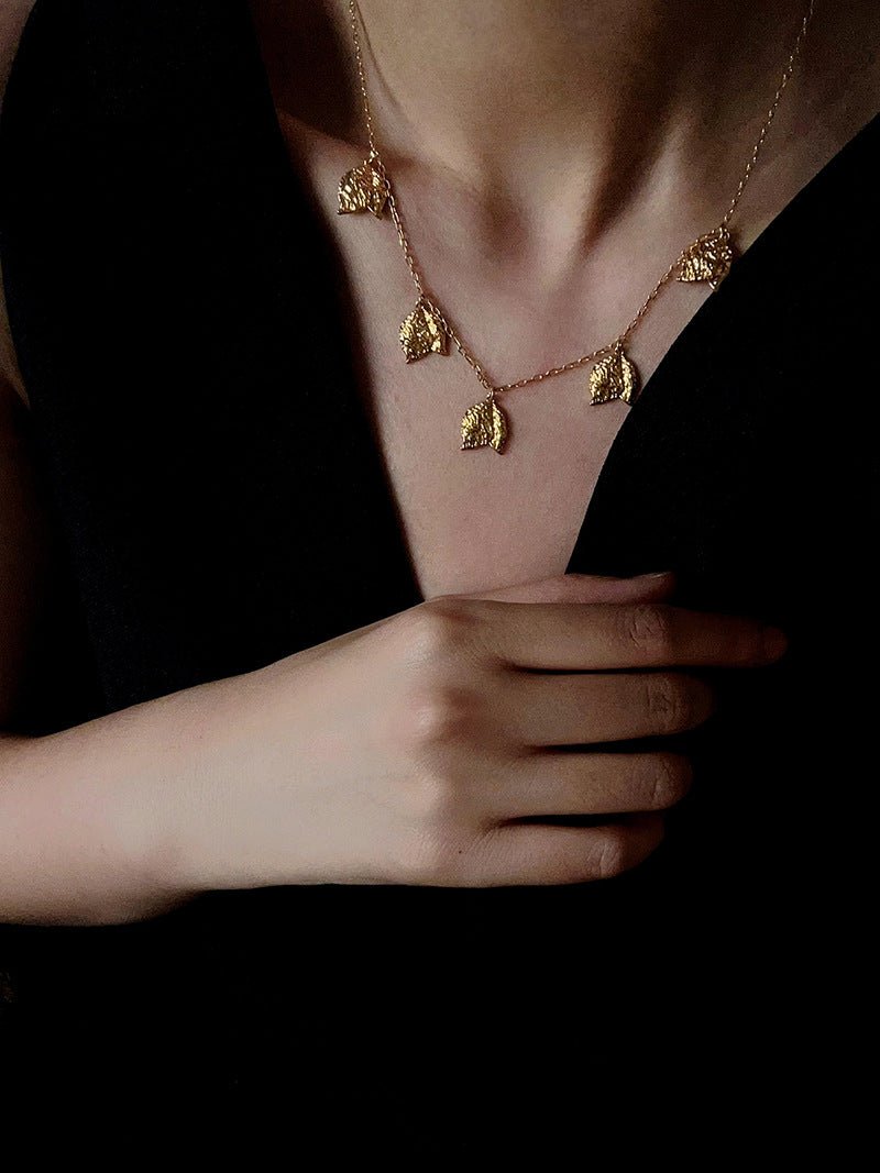 French Textured Tulip Station Choker - Liquid Metal Hammered Floral Layering Necklace - floysun