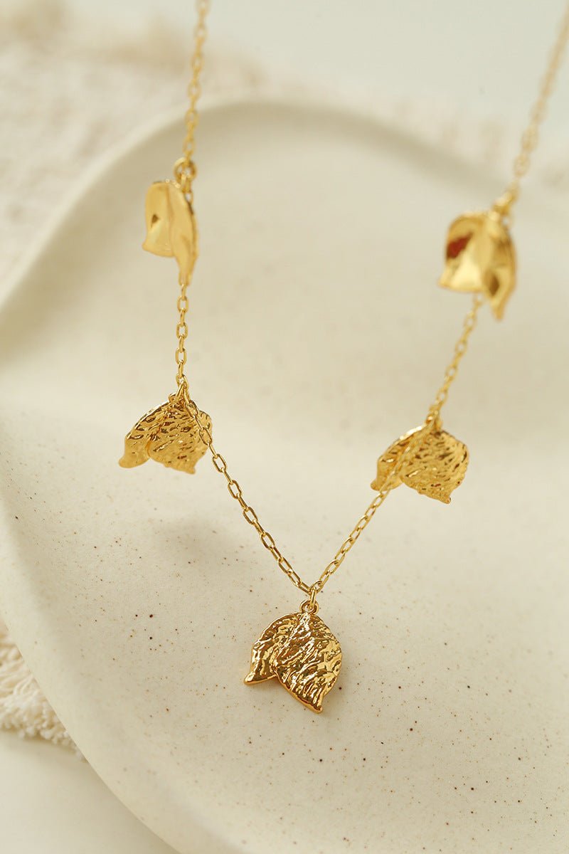 French Textured Tulip Station Choker - Liquid Metal Hammered Floral Layering Necklace - floysun