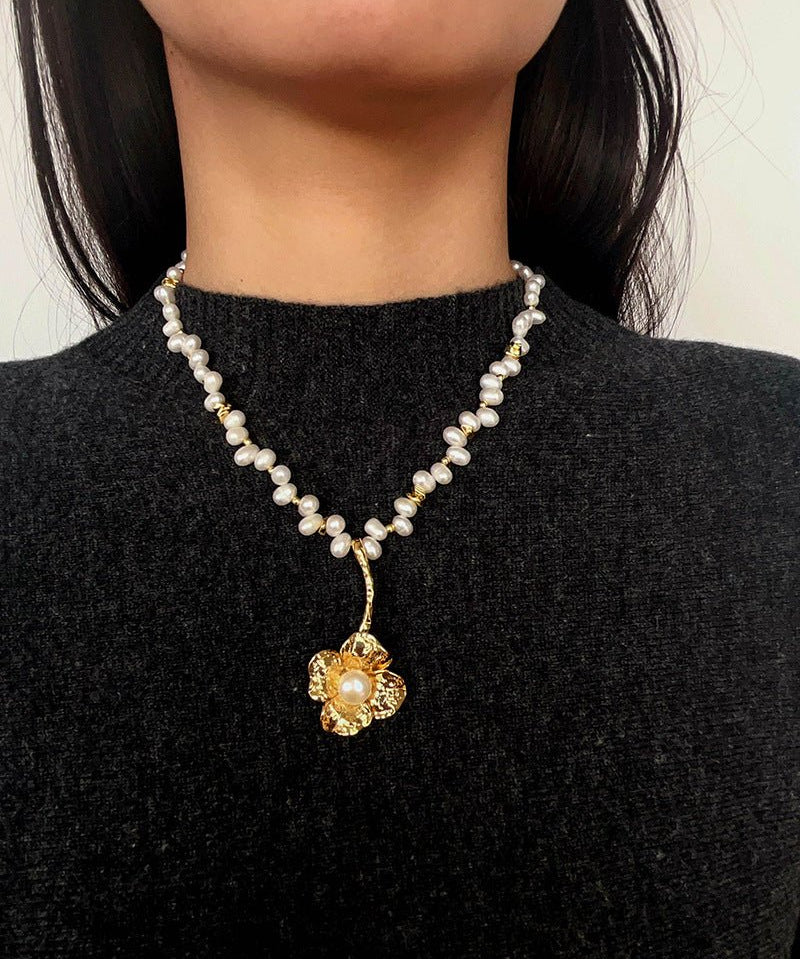 French Vintage Asymmetrical Pearl Flower Necklace - floysun