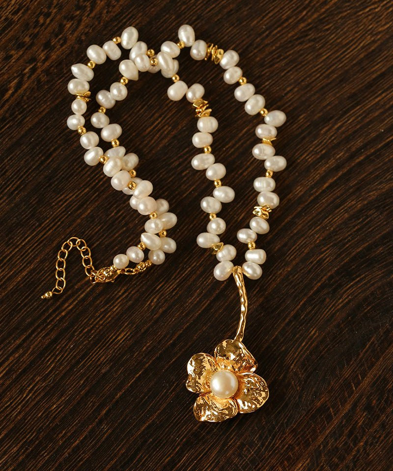 French Vintage Asymmetrical Pearl Flower Necklace - floysun