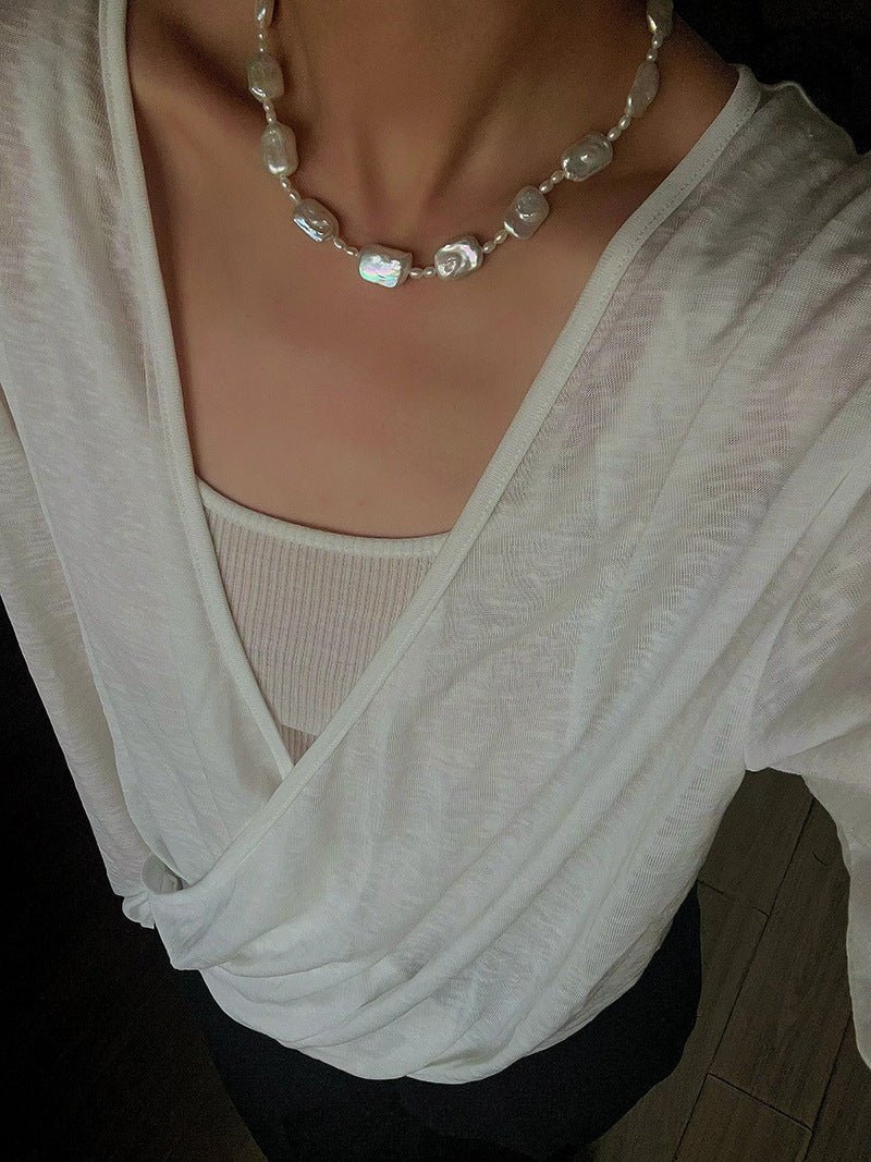 French Vintage Baroque Pearl Choker - Layered Natural Square Pearl Chain - floysun