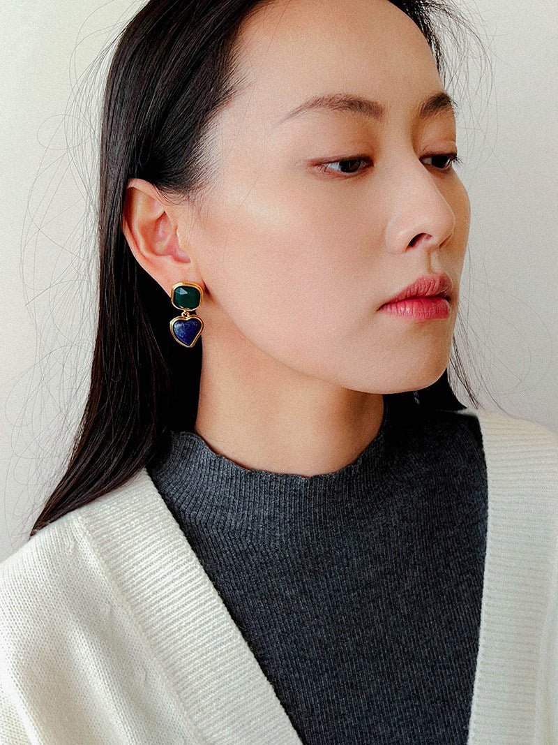 French Vintage Double - Stone Geometric Drop Earrings - floysun
