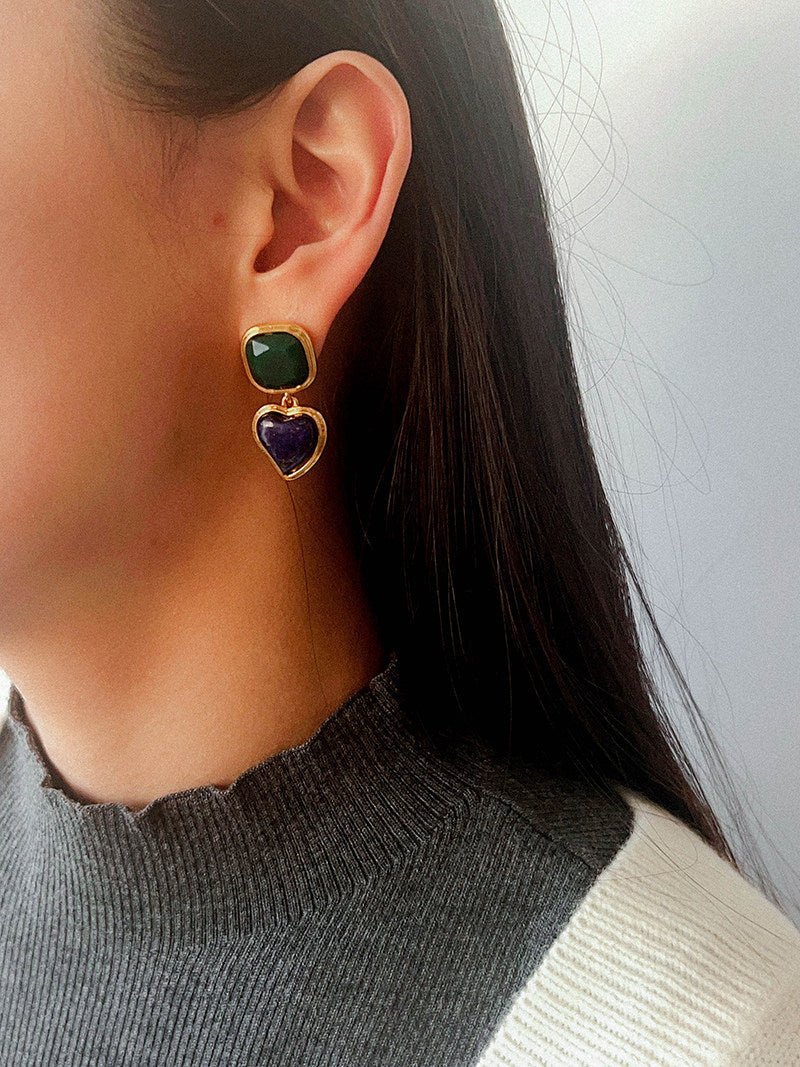 French Vintage Double - Stone Geometric Drop Earrings - floysun