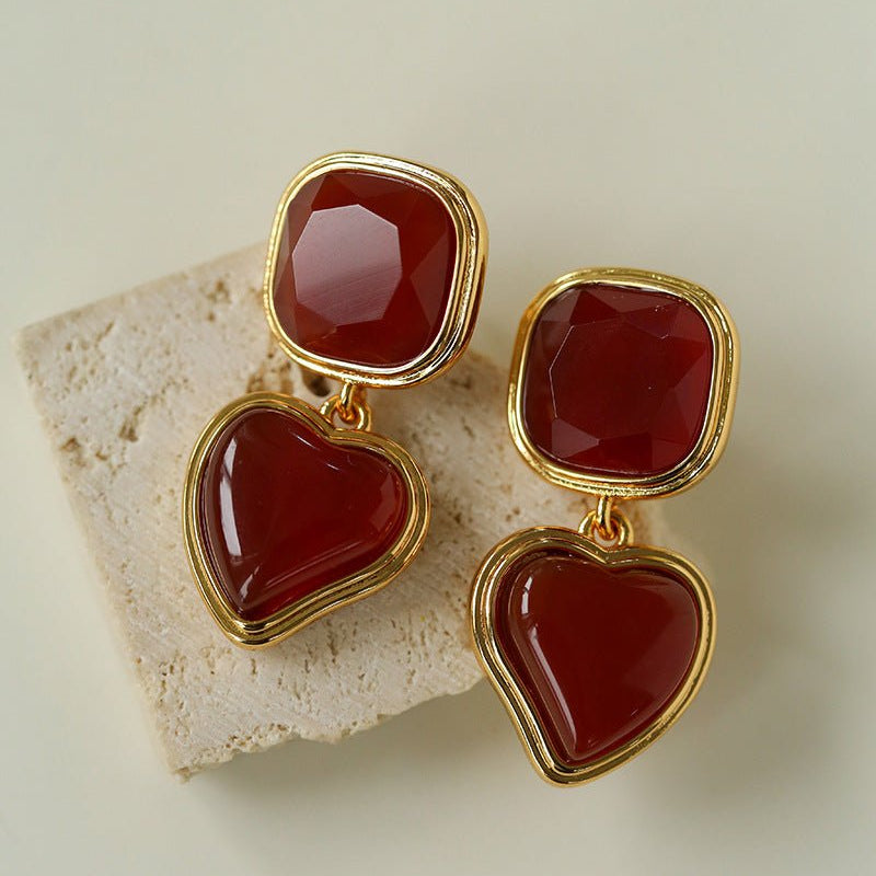 French Vintage Double - Stone Geometric Drop Earrings - floysun
