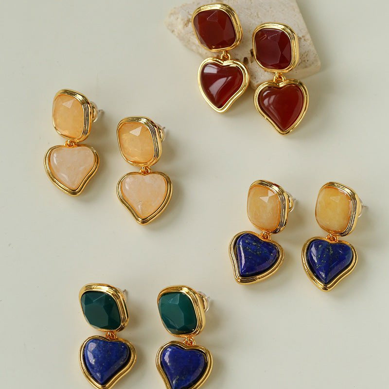 French Vintage Double - Stone Geometric Drop Earrings - floysun
