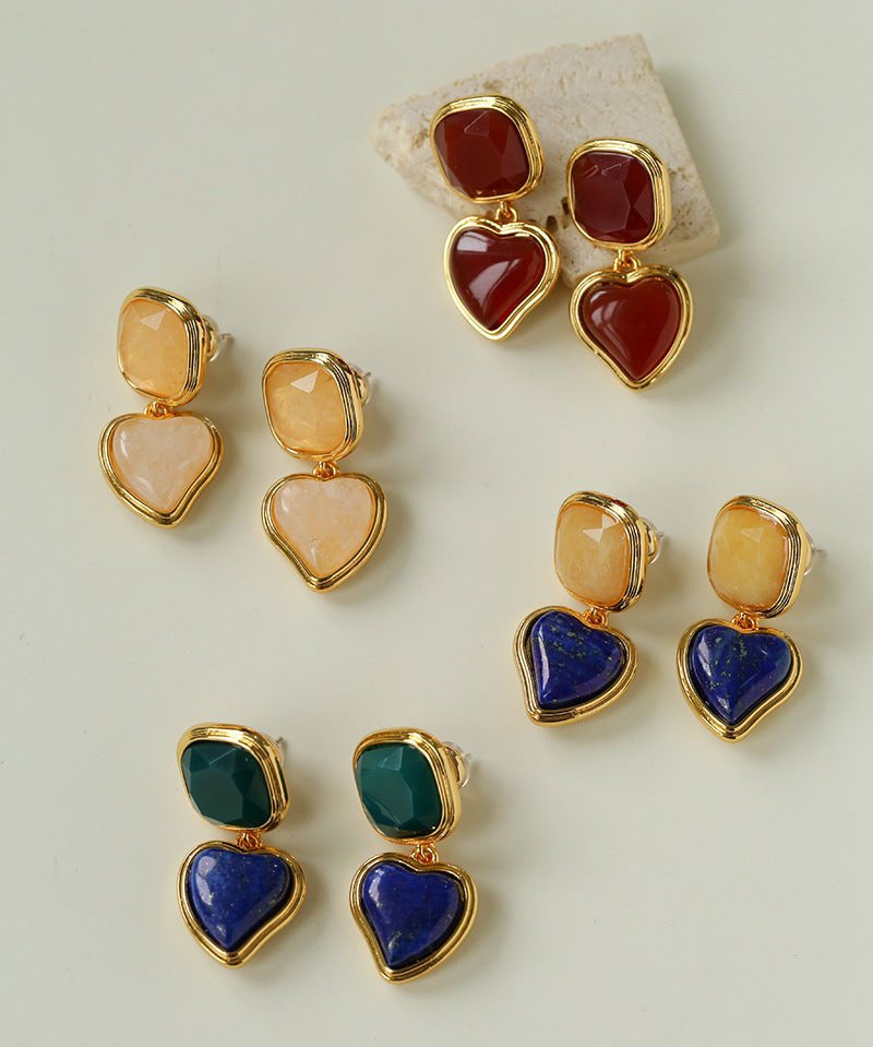 French Vintage Double - Stone Geometric Drop Earrings - floysun