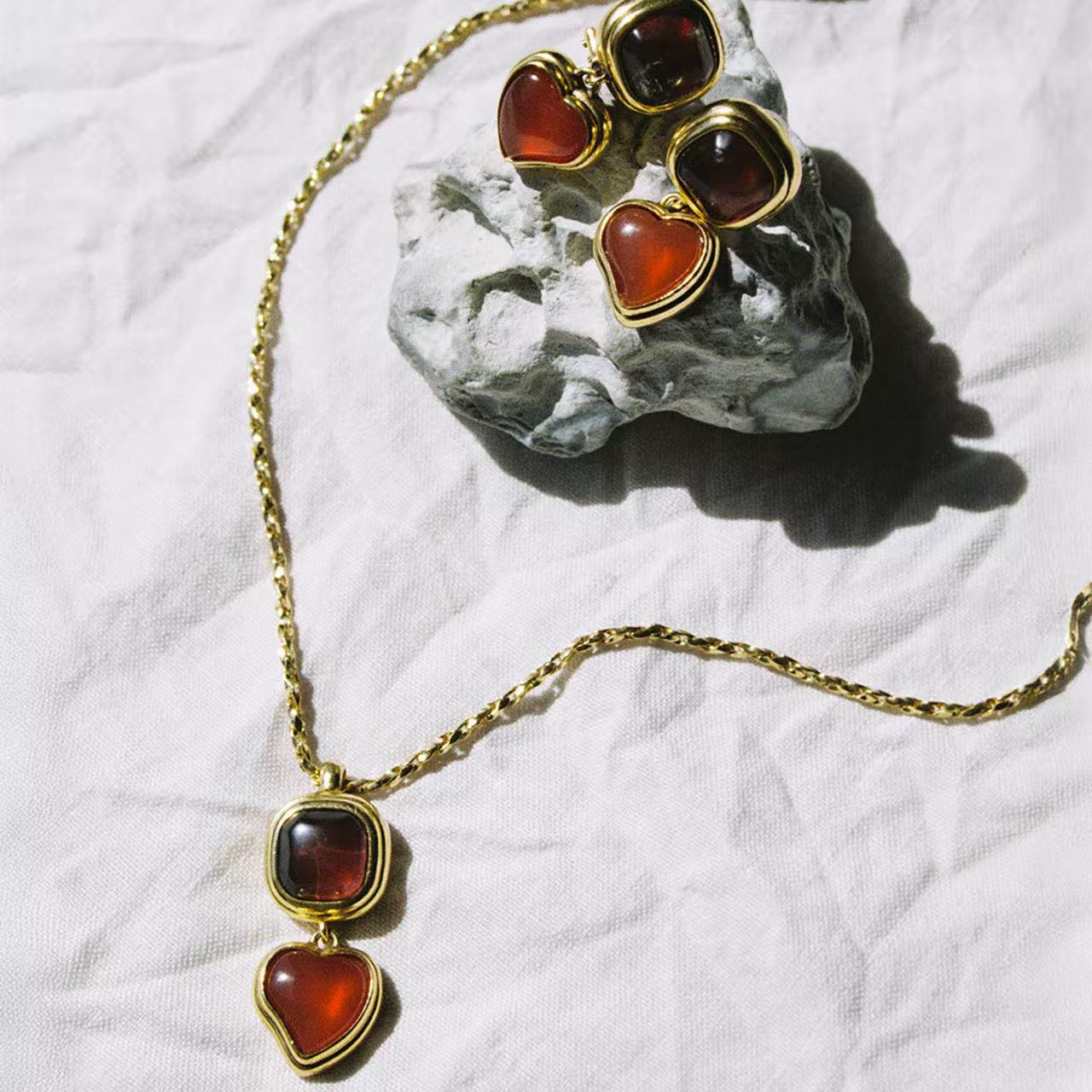 French Vintage Double - Stone Geometric Drop Earrings - floysun