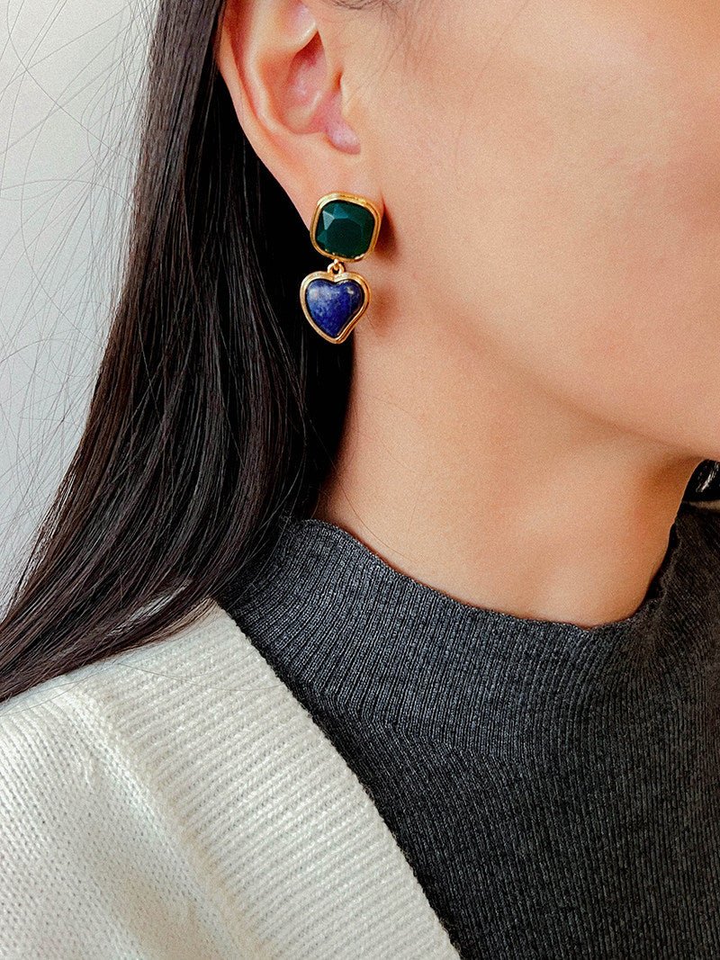 French Vintage Double - Stone Geometric Drop Earrings - floysun