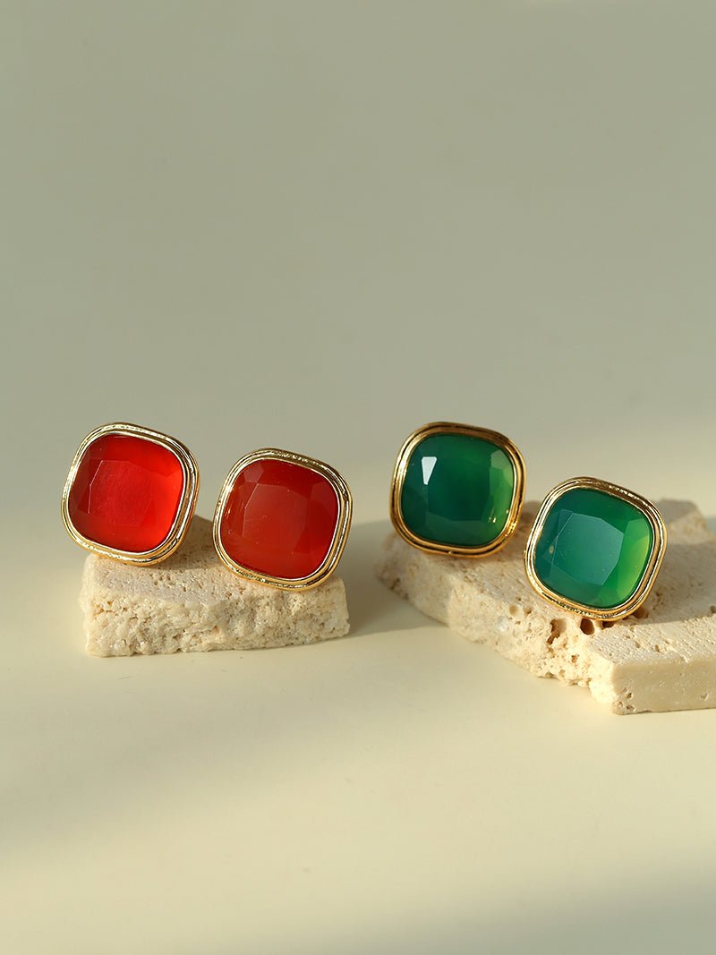 French Vintage Green & Red Agate Square Earrings - floysun