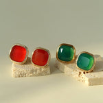French Vintage Green & Red Agate Square Earrings - floysun