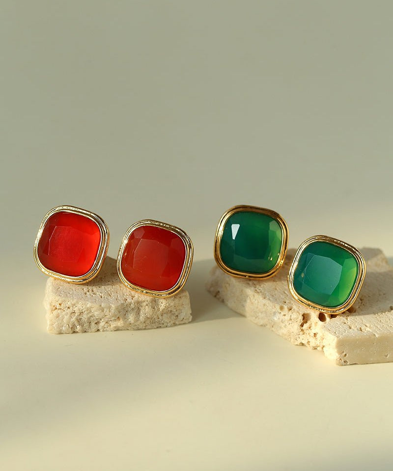 French Vintage Green & Red Agate Square Earrings - floysun
