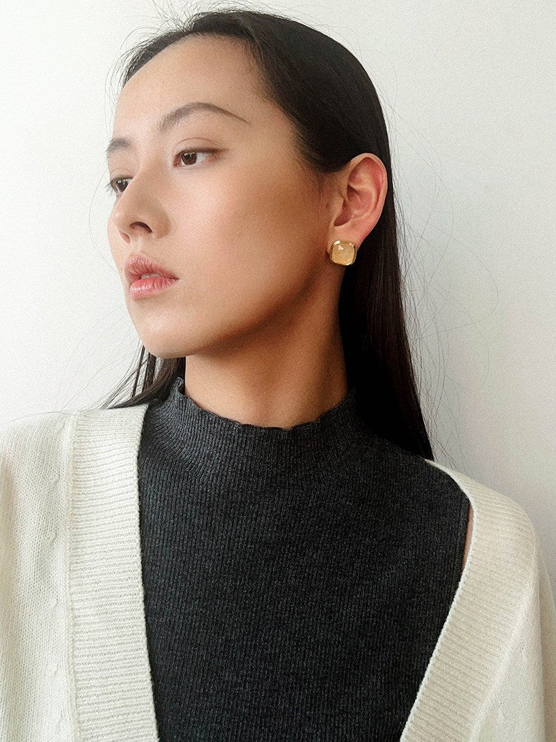 French Vintage Green & Red Agate Square Gemstone Stud Earrings - floysun